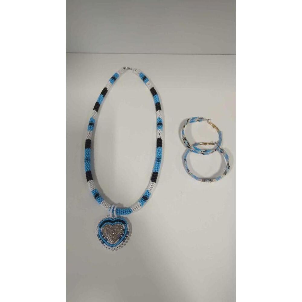 Beaded Necklace & Earrings Set - Blue White Black w/ Heart Pendant